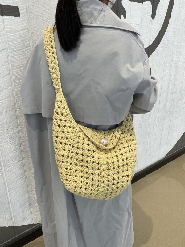 Дамска памучна чанта в уличен стил, тъкана, с капак, правоъгълна форма и джоб за телефон