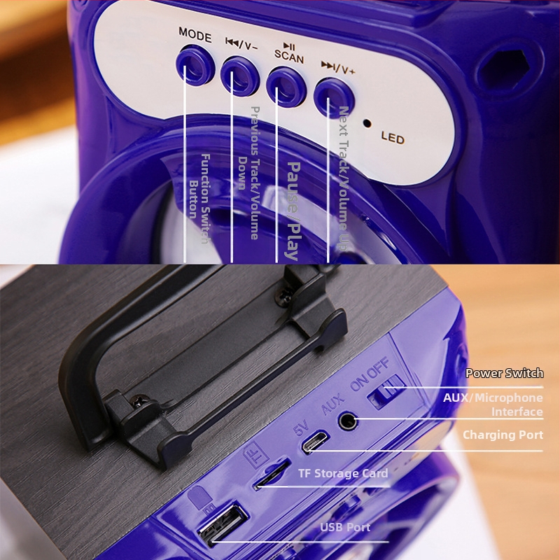 Bluetooth zvučnik s karaoke mikrofonom, slot za karticu i FM radio — Bluetooth 5.3, 3W izlaz, ugrađena baterija 800–1000 mAh