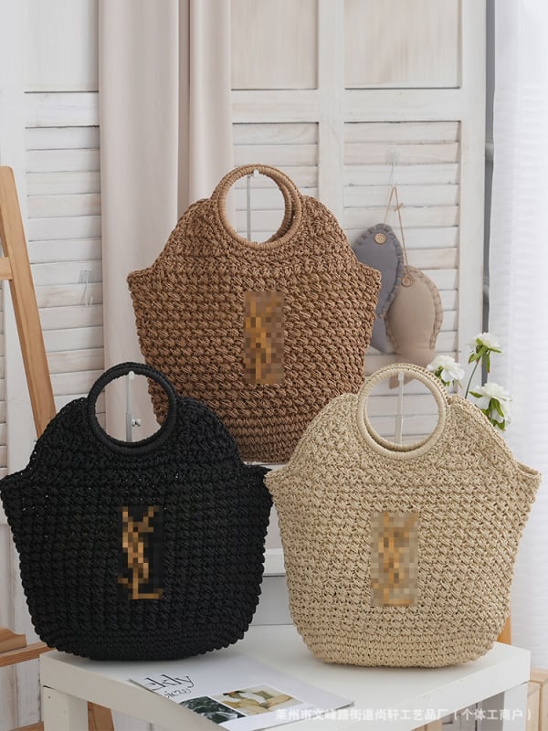 Дамска цилиндрична чанта от слама, открит връх, без подплата; плетена за ежедневна употреба; вътрешни джобове за мобилен телефон и карта за идентификация; двойни презрамки; стил: градска простота; материал: слама; сезон: пролет 2024