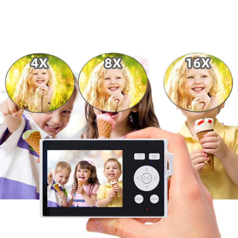 Kompaktiška skaitmeninė kamera su 16× optiniu priartinimu, 1080p vaizdo įrašas, 2,8 colių LCD, CMOS jutiklis 1,3 MP, elektroninė vaizdo stabilizacija