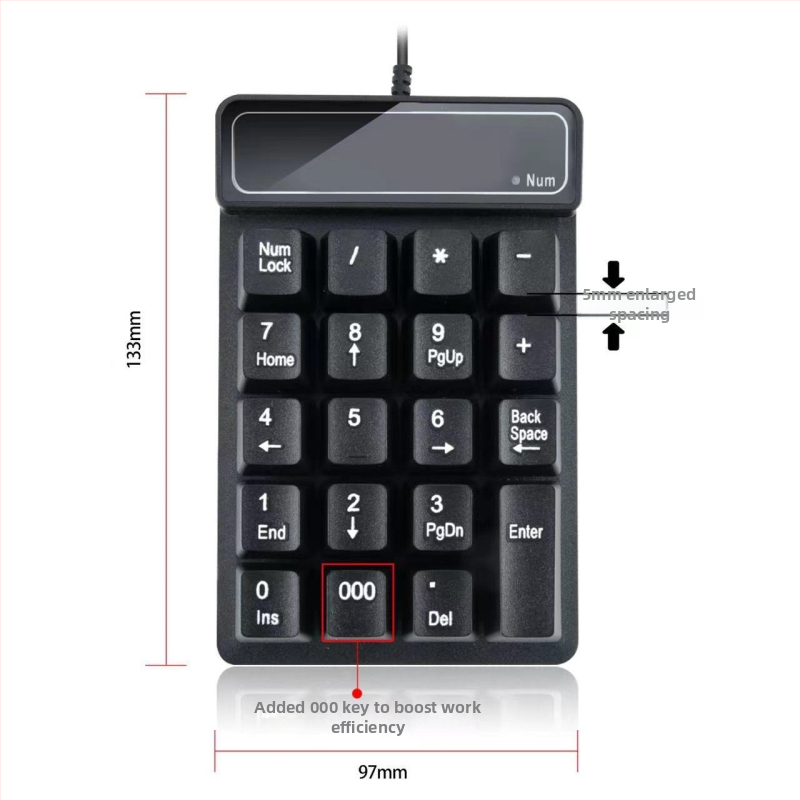 Káblová numerická klávesnica, 19 kláves, USB, technológia X-frame, vodotesná, s plávajúcim mechanickým dojmom