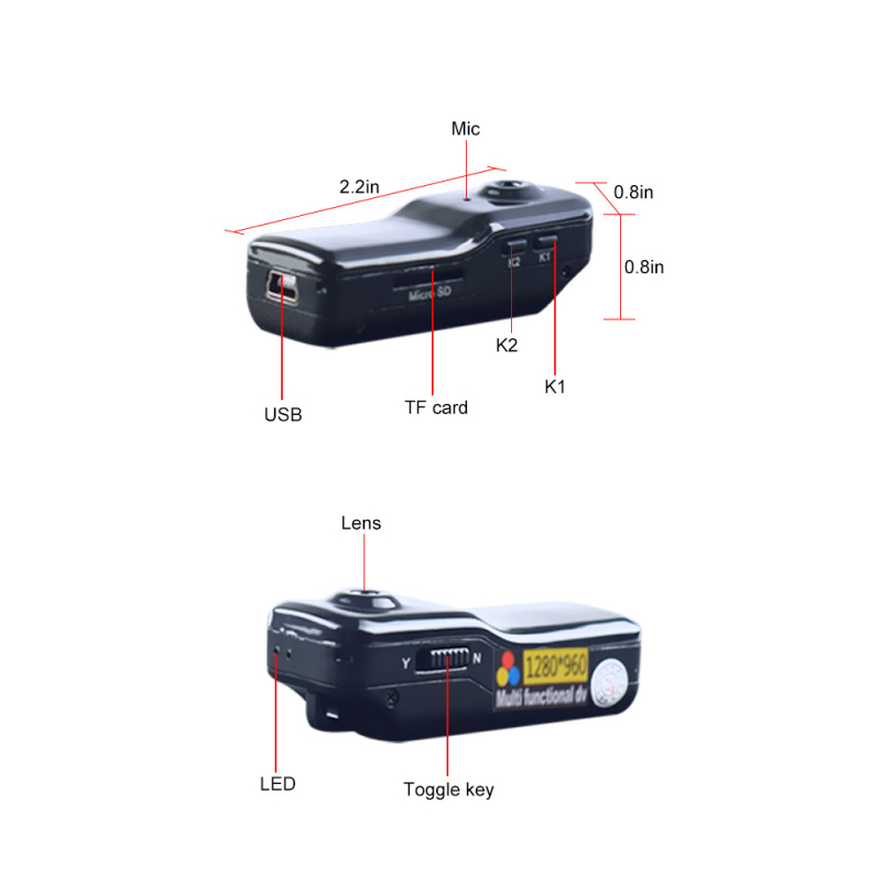 MD80 Veiksmo kamera – Oro vaizdo įrašo įrenginys, CMOS jutiklis 480P, MicroSD kortelė, USB 2.0, Mono mikrofonas