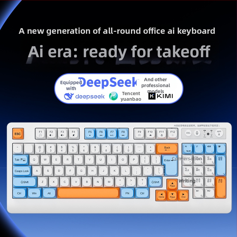 AI gudra tastatūra ar trim režīmiem: USB-C vads, 2.4G bezvadu, Bluetooth – 104 taustiņi, ergonomiska, OEM/ODM pielāgošana
