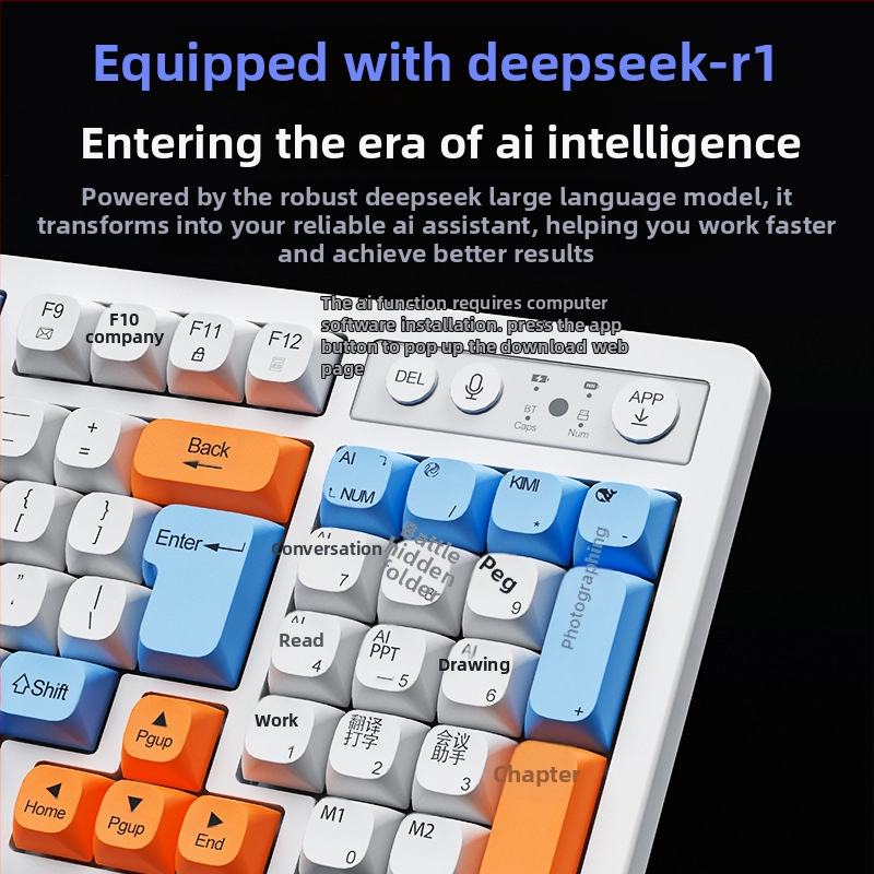 AI išmanioji klaviatūra su trim režimais: USB-C laidinė, 2.4G belaidė, Bluetooth – 104 klavišai, ergonomiška, OEM/ODM pritaikymas