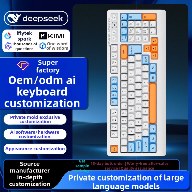 AI gudra tastatūra ar trim režīmiem: USB-C vads, 2.4G bezvadu, Bluetooth – 104 taustiņi, ergonomiska, OEM/ODM pielāgošana