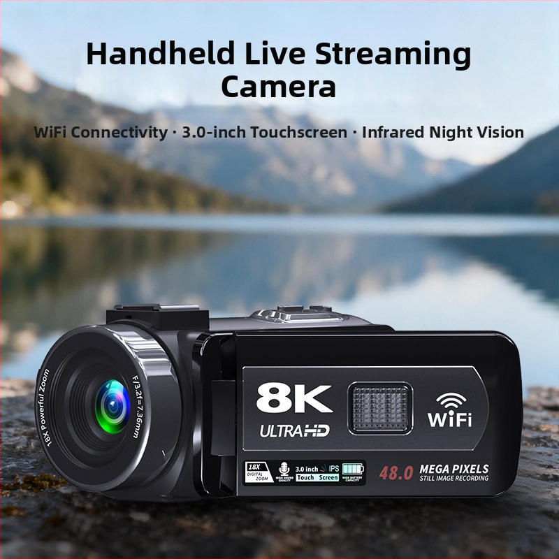 8K rankinė kamera lauko transliacijoms: CMOS jutiklis 48 MP, 3,0 colių jutiklinis LCD ekranas, elektroninė vaizdo stabilizacija, stereo mikrofonas