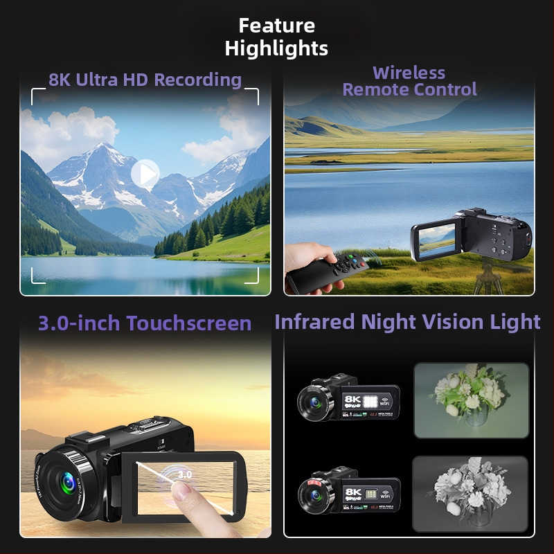 8K käsikaamera välistingimustes otseülekandeks: CMOS 48 MP sensor, 3,0-tolline puutetundlik LCD-ekraan, elektrooniline pildistabiliseerimine, stereo mikrofoni