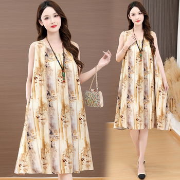 Haljina od slub pamuka s otiskom, dugi rukavi, U-dekolte, A-linija, proljeće 2025