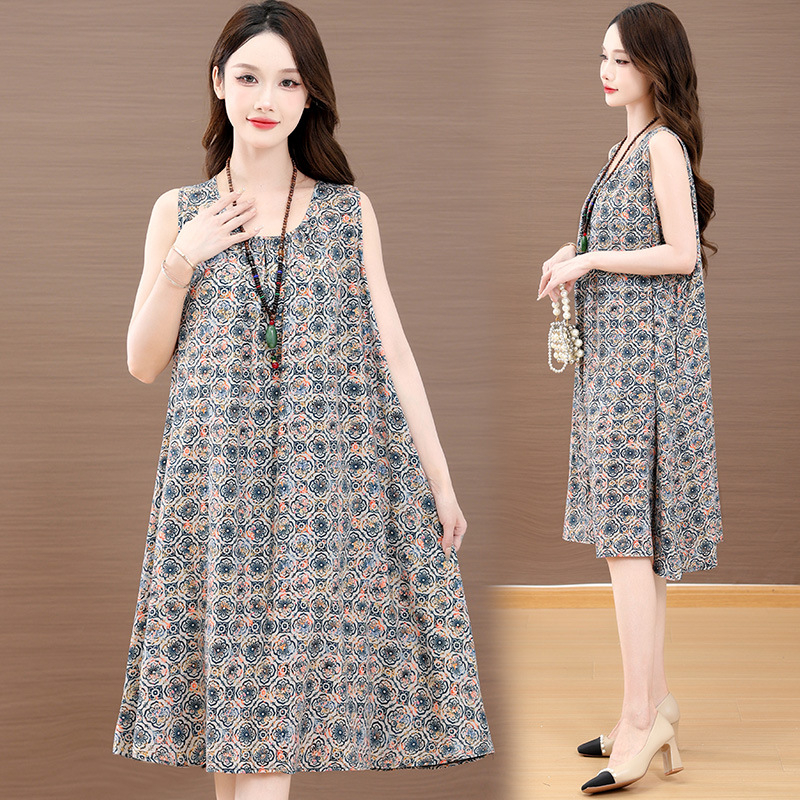 Haljina od slub pamuka s otiskom, dugi rukavi, U-dekolte, A-linija, proljeće 2025