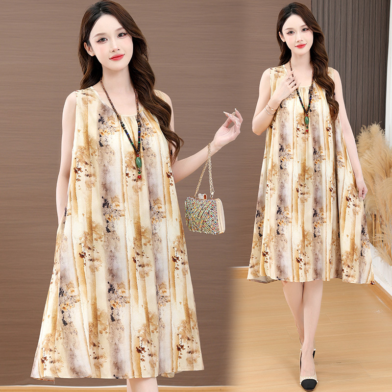 Haljina od slub pamuka s otiskom, dugi rukavi, U-dekolte, A-linija, proljeće 2025