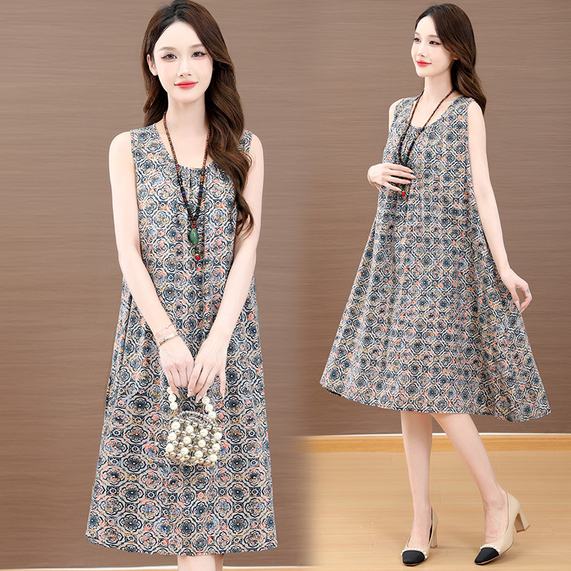 Haljina od slub pamuka s otiskom, dugi rukavi, U-dekolte, A-linija, proljeće 2025