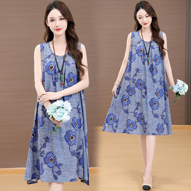 Haljina od slub pamuka s otiskom, dugi rukavi, U-dekolte, A-linija, proljeće 2025