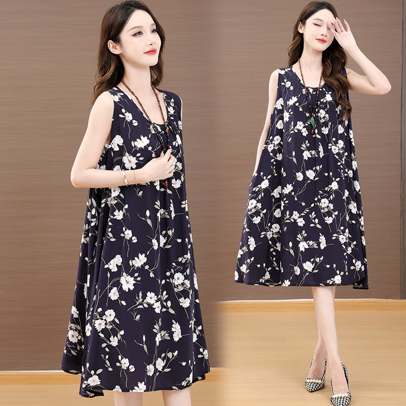 Haljina od slub pamuka s otiskom, dugi rukavi, U-dekolte, A-linija, proljeće 2025