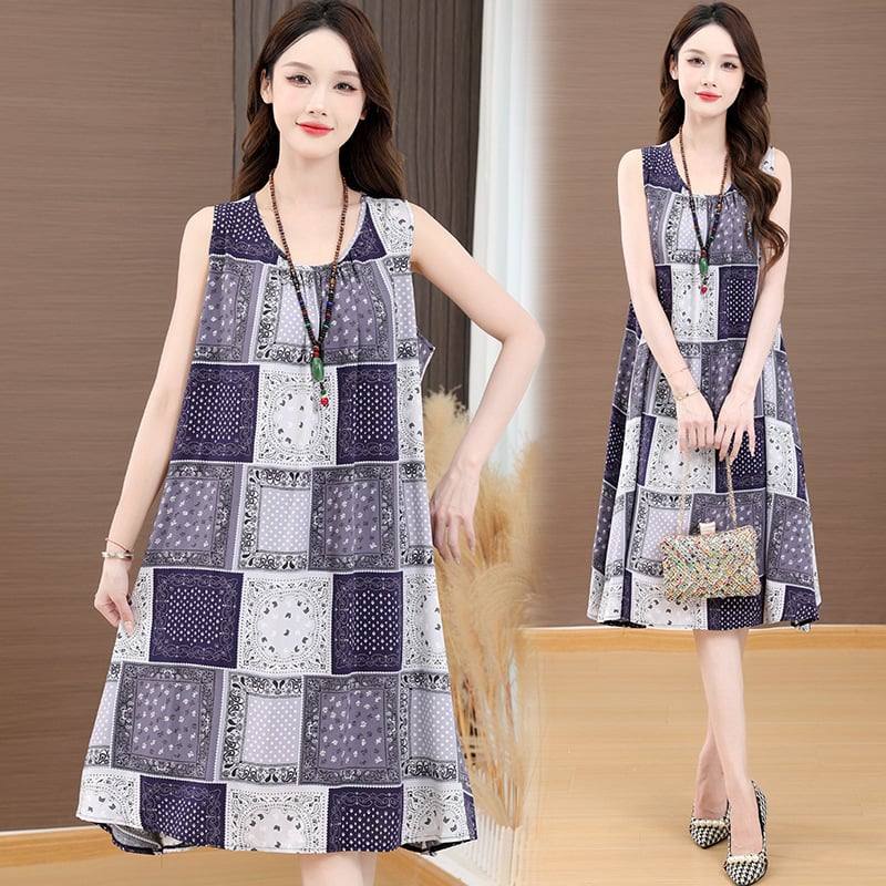 Haljina od slub pamuka s otiskom, dugi rukavi, U-dekolte, A-linija, proljeće 2025