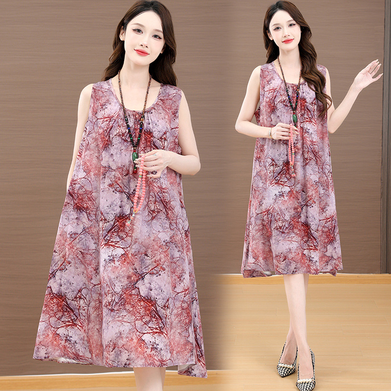 Haljina od slub pamuka s otiskom, dugi rukavi, U-dekolte, A-linija, proljeće 2025