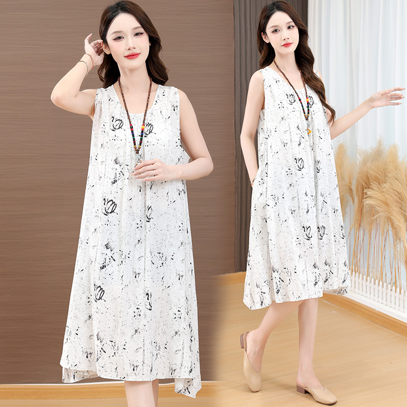 Haljina od slub pamuka s otiskom, dugi rukavi, U-dekolte, A-linija, proljeće 2025