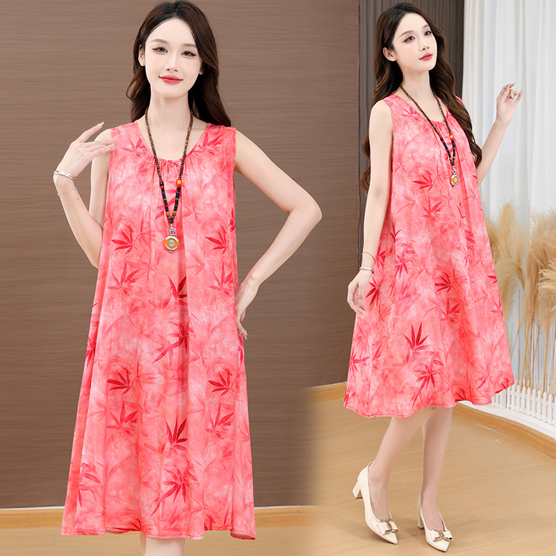 Haljina od slub pamuka s otiskom, dugi rukavi, U-dekolte, A-linija, proljeće 2025