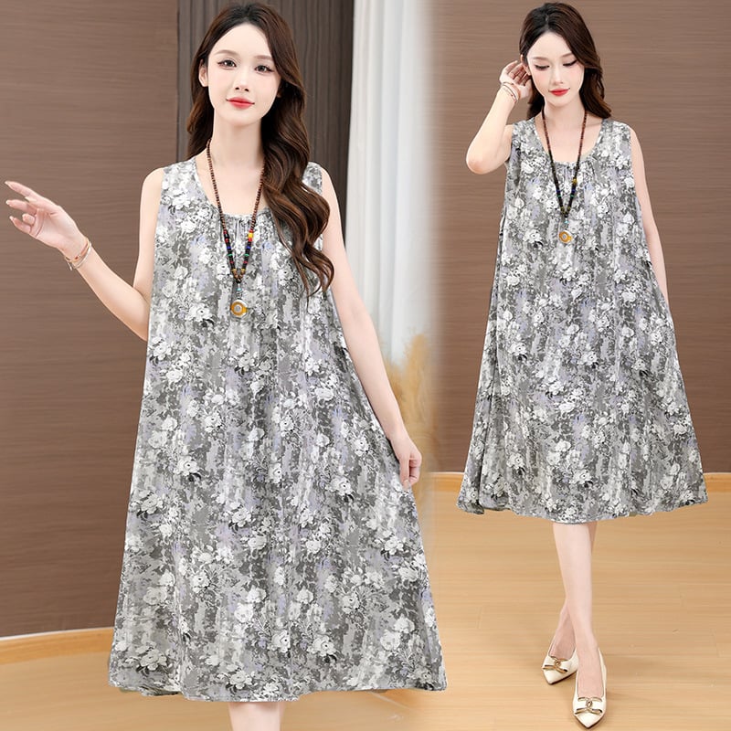 Haljina od slub pamuka s otiskom, dugi rukavi, U-dekolte, A-linija, proljeće 2025