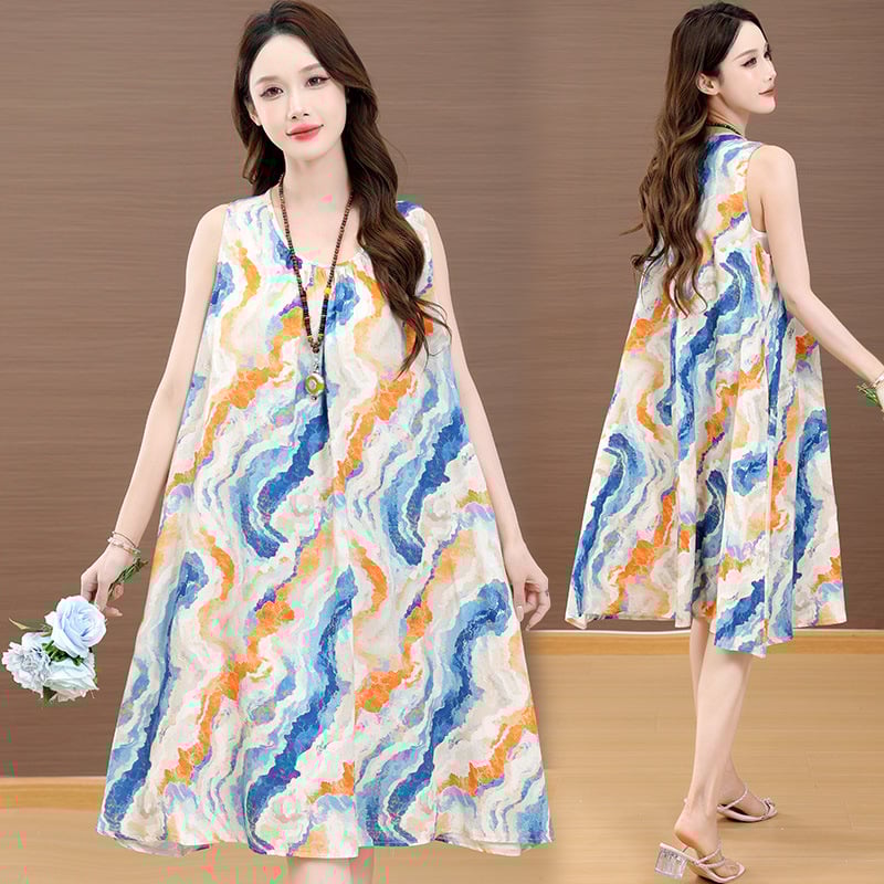 Haljina od slub pamuka s otiskom, dugi rukavi, U-dekolte, A-linija, proljeće 2025