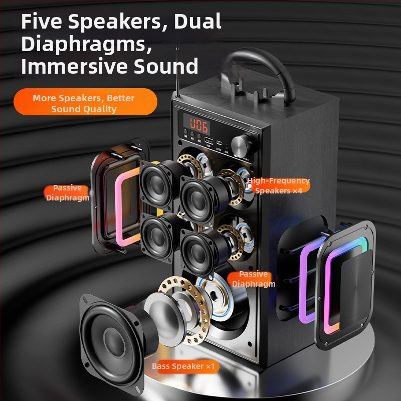 Bezdrôtový Bluetooth reproduktor pre domáce a vonkajšie použitie, 80W, 5-drajvový systém, vstavaná batéria 2000–4000 mAh, Bluetooth 5.3, IPX3 vodotesný