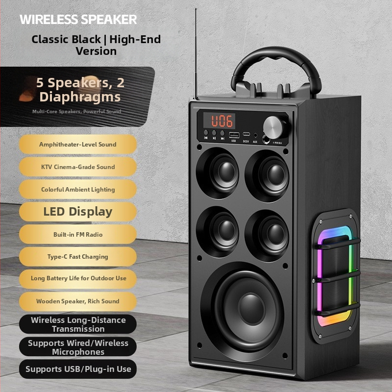 Bezdrôtový Bluetooth reproduktor pre domáce a vonkajšie použitie, 80W, 5-drajvový systém, vstavaná batéria 2000–4000 mAh, Bluetooth 5.3, IPX3 vodotesný