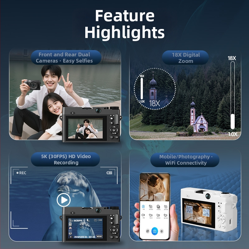 WD07-D kahekameraline digitaalkaamera: 5K video, 16MP CMOS sensor, ees- ja tagaselfi, periskoop objektiiv, 3.0-tolline LCD