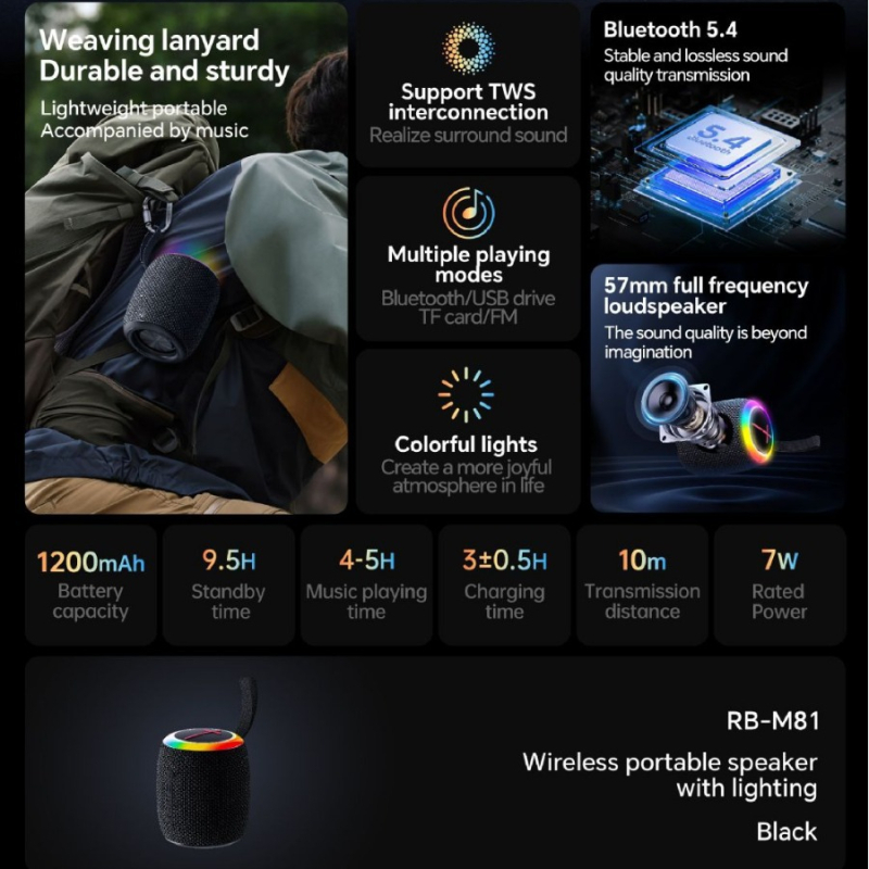 Bezdrôtový vonkajší reproduktor s RGB LED osvetlením, Bluetooth 5.0, IPX7 vodotesný, vstavaná batéria 1000–1200 mAh, výkon 7W