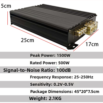 Automašīnas subvāfera pastiprinātājs, Class D mono bloks, modelis 1500.1D, maksimālā jauda 1500 W, pretestība 4 Ω, frekvenču diapazons 25–250 Hz, izkropļojums 0,1%