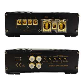 Automašīnas subvāfera pastiprinātājs, Class D mono bloks, modelis 1500.1D, maksimālā jauda 1500 W, pretestība 4 Ω, frekvenču diapazons 25–250 Hz, izkropļojums 0,1%