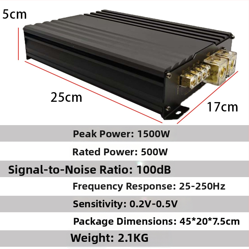 Automašīnas subvāfera pastiprinātājs, Class D mono bloks, modelis 1500.1D, maksimālā jauda 1500 W, pretestība 4 Ω, frekvenču diapazons 25–250 Hz, izkropļojums 0,1%