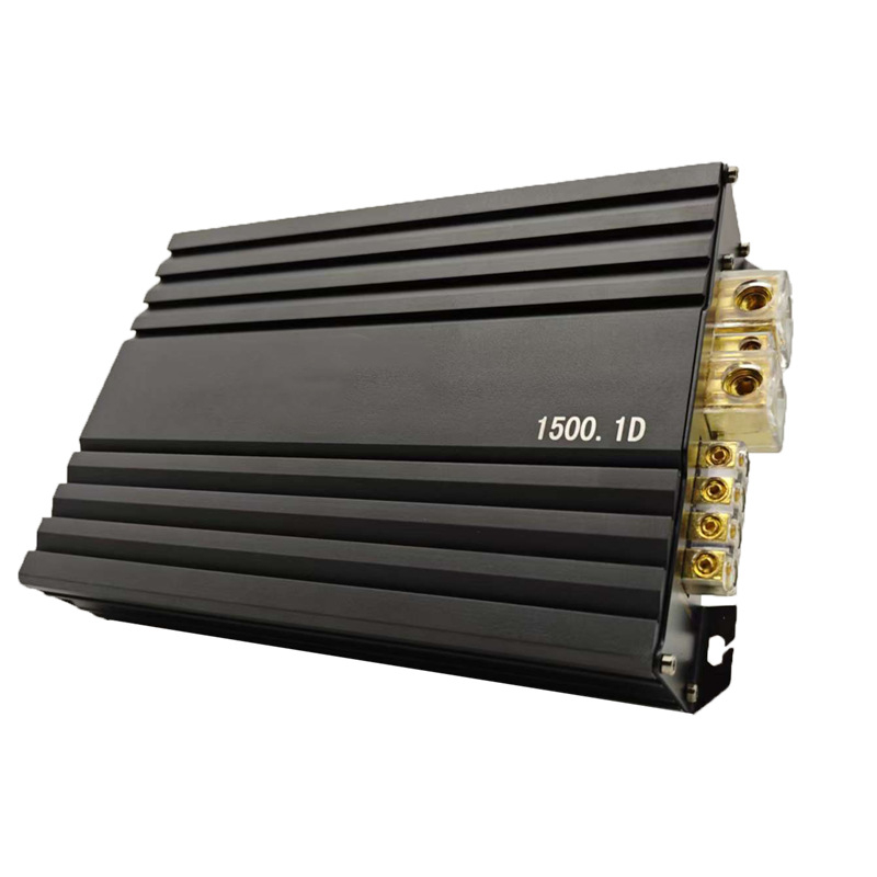 Automašīnas subvāfera pastiprinātājs, Class D mono bloks, modelis 1500.1D, maksimālā jauda 1500 W, pretestība 4 Ω, frekvenču diapazons 25–250 Hz, izkropļojums 0,1%