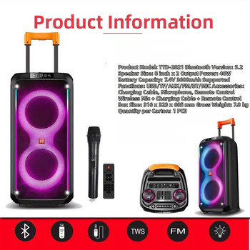Boxă portabilă outdoor pentru dans de tip square, cu două difuzoare de 8 inci, 40W, Bluetooth karaoke, baterie Li-Po încorporată, iluminare
