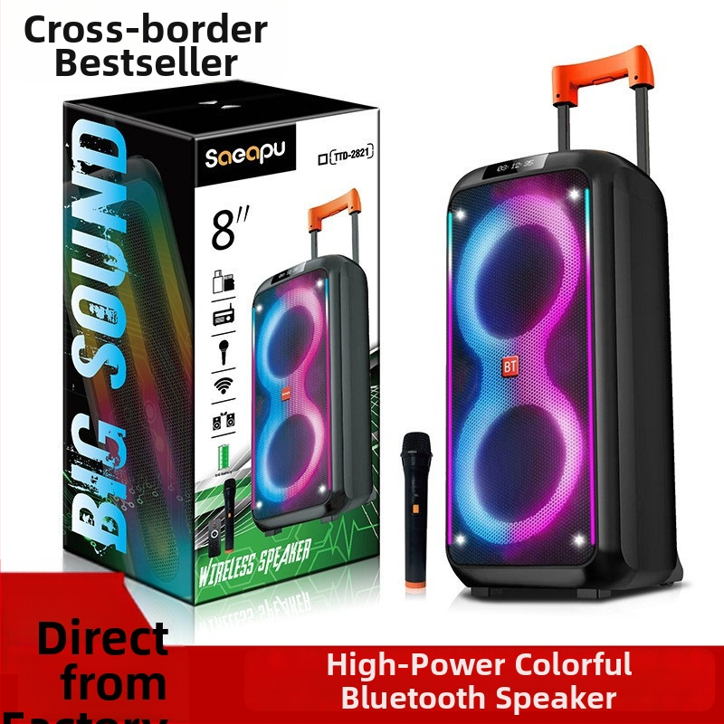 Boxă portabilă outdoor pentru dans de tip square, cu două difuzoare de 8 inci, 40W, Bluetooth karaoke, baterie Li-Po încorporată, iluminare