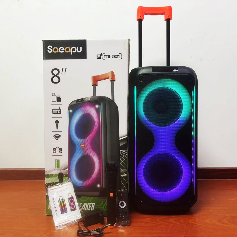 Boxă portabilă outdoor pentru dans de tip square, cu două difuzoare de 8 inci, 40W, Bluetooth karaoke, baterie Li-Po încorporată, iluminare
