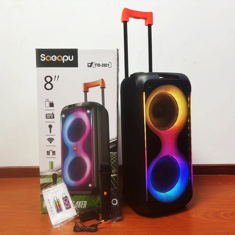 Boxă portabilă outdoor pentru dans de tip square, cu două difuzoare de 8 inci, 40W, Bluetooth karaoke, baterie Li-Po încorporată, iluminare