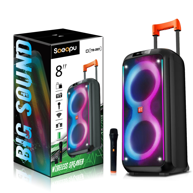 Boxă portabilă outdoor pentru dans de tip square, cu două difuzoare de 8 inci, 40W, Bluetooth karaoke, baterie Li-Po încorporată, iluminare