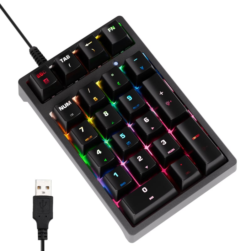 Pad numeric mecanic cu 21 taste, conectare USB, iluminare RGB, construcție rezistentă la apă