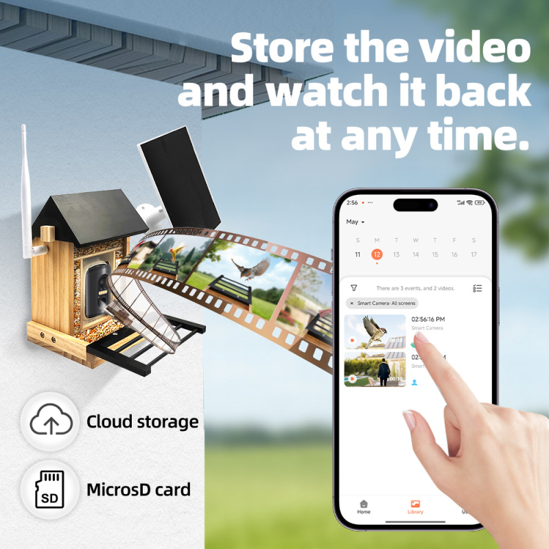 Τροφοδότης για πουλιά με χαμηλής κατανάλωσης WiFi κάμερα, ηλιακή φόρτιση, 1080P, φακός 2.4mm, IR εμβέλεια 3 μ
