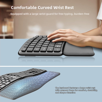 Bluetooth ergonomický set klávesnice a myši s oporou na zápästie, 111 kláves, nabíjateľná klávesnica, pripojenie k dvom zariadeniam, vodeodolný