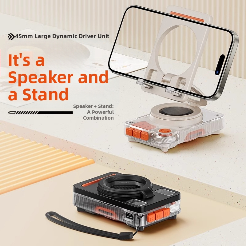 M2 skladací Bluetooth reproduktor s držiakom na telefón, 5W, Bluetooth 5.3, zabudovaná batéria 1200–2000 mAh, frekvenčný rozsah 20 Hz–20 kHz