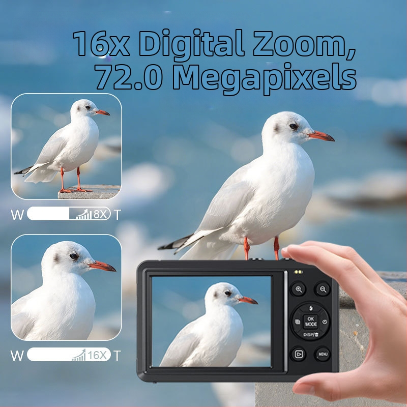 Selfie kamera s 16MP CMOS senzorom, rozlíšenie 4608×2560, 2,8-palcový LCD displej, 16x digitálny zoom, TF karta úložisko