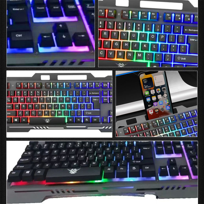 Mechanická klávesnica s kovovým telom, káblové pripojenie, viacfarebné podsvietenie, 98+ kláves, podpora zápästia