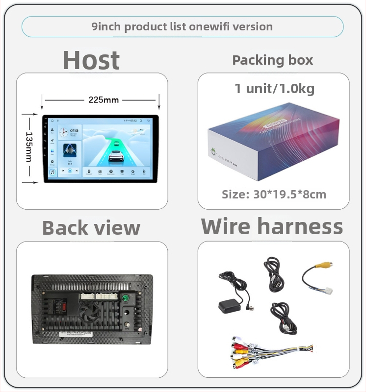 Automašīnas navigācijas sistēma ar bezvadu CarPlay un GPS navigāciju, 12V barošana, jauda 4x45W, QLED displejs