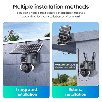 Ηλιακή εξωτερική κάμερα επιτήρησης με διπλό φακό — τροφοδοσία 5V, ελάχιστο φωτισμό 0.001 lux, SNR > 48 dB, εύρος λειτουργίας -30 έως 60 °C