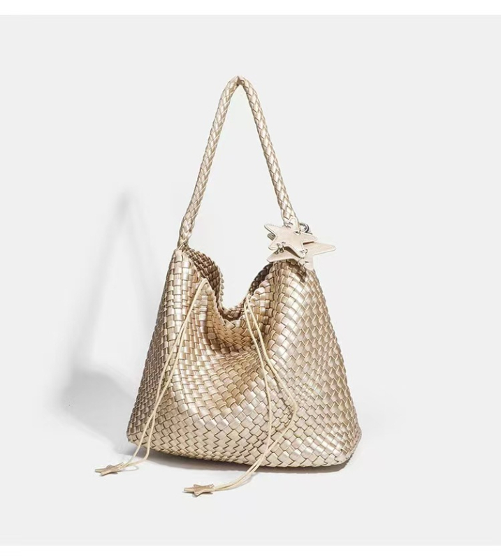 THE Szalma Tote Táska — Kézzel készített, Szőtt, Nagy kapacitású, PU bélés, Laminált cipzáras zseb, Vízszintes Négyzetes Forma, Egy vállpánt