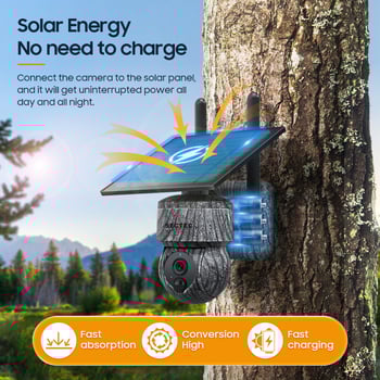 Αυτονομία ηλιακή κάμερα επιτήρησης με ασύρματη σύνδεση Wi-Fi, ευαισθησία 0.001 lx, εύρος λειτουργίας -20°C έως 55°C, τροφοδοσία 5V, ABS περίβλημα, για εξωτερική χρήση.