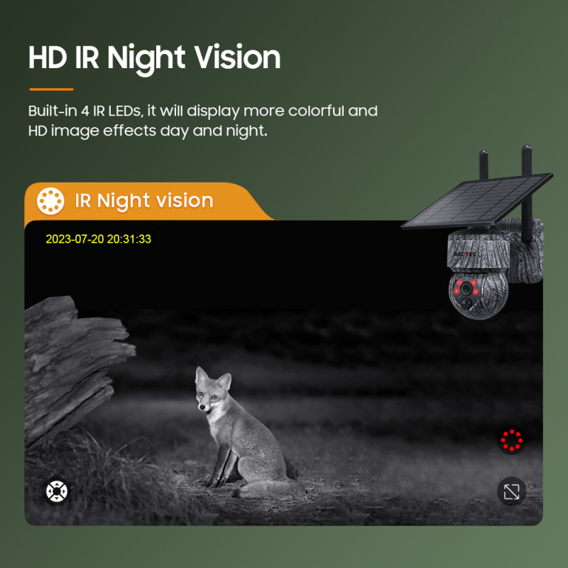 Αυτονομία ηλιακή κάμερα επιτήρησης με ασύρματη σύνδεση Wi-Fi, ευαισθησία 0.001 lx, εύρος λειτουργίας -20°C έως 55°C, τροφοδοσία 5V, ABS περίβλημα, για εξωτερική χρήση.