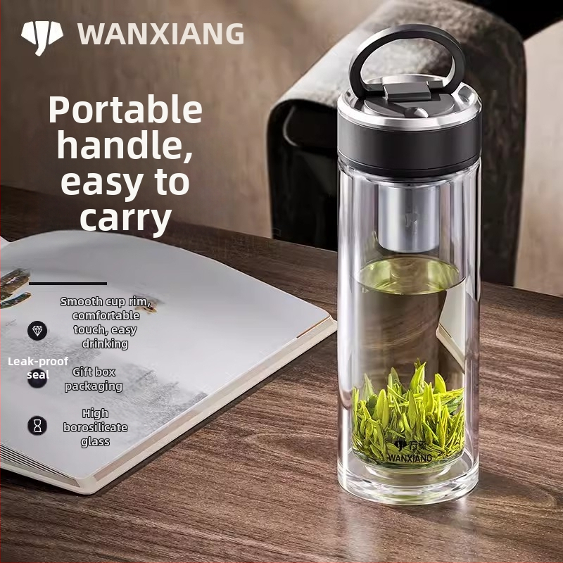 Dvigubo sluoksnio borosilikatinio stiklo arbatinis puodelis su filtru, biurui, dovanų dėžutė, pritaikymas