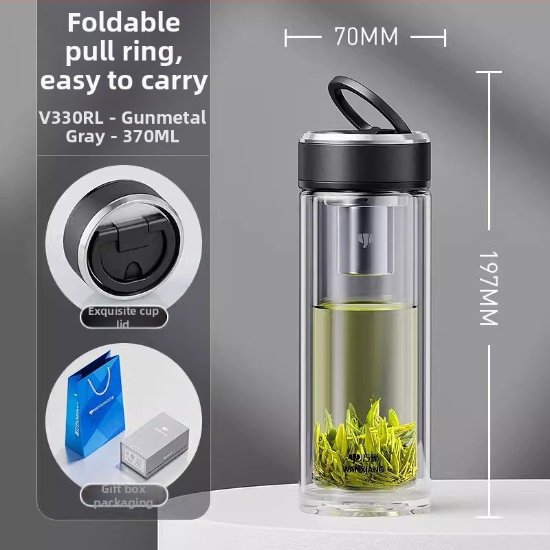 Dvigubo sluoksnio borosilikatinio stiklo arbatinis puodelis su filtru, biurui, dovanų dėžutė, pritaikymas