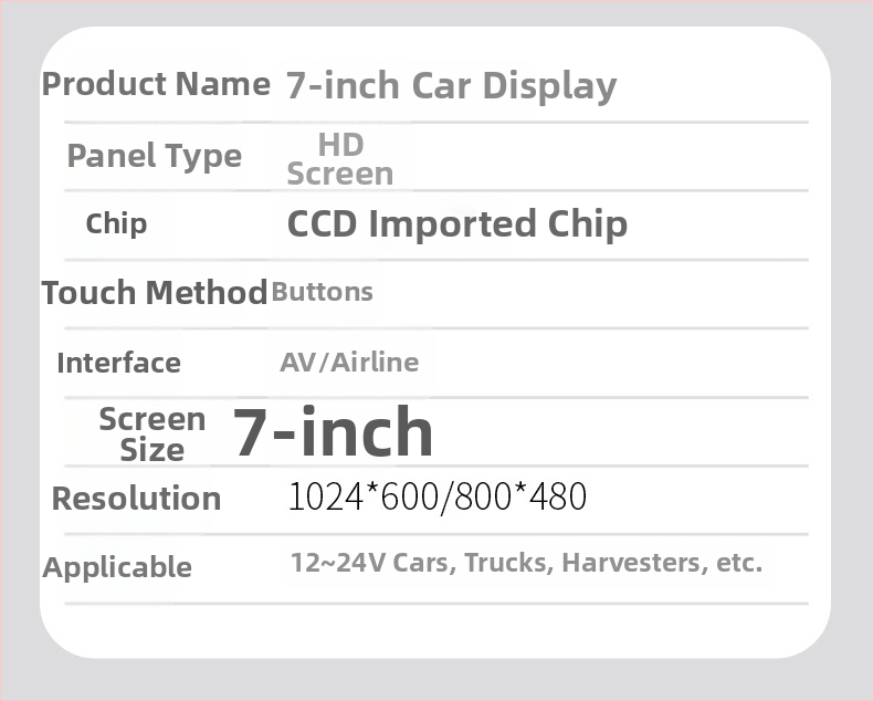 Automobilový LCD displej 7003, LED obrazovka, rozlíšenie 800x480/1024x600, kompatibilita s N/P systémami, analógový vstup